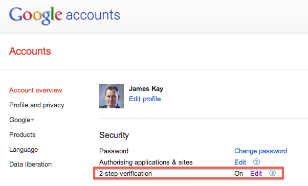 Choose two step verification in the Google Profile