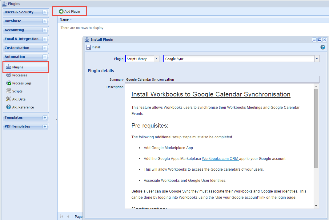 Install Workbooks to Google Calendar Synchornisation