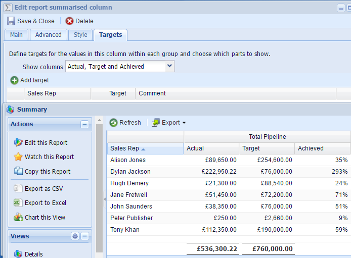 Summarised report column